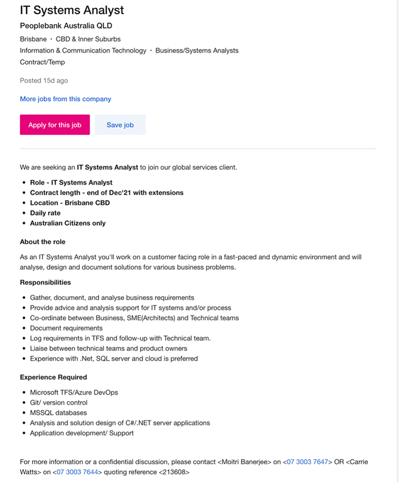 Job posting for IT Systems Analyst on seek.com.au